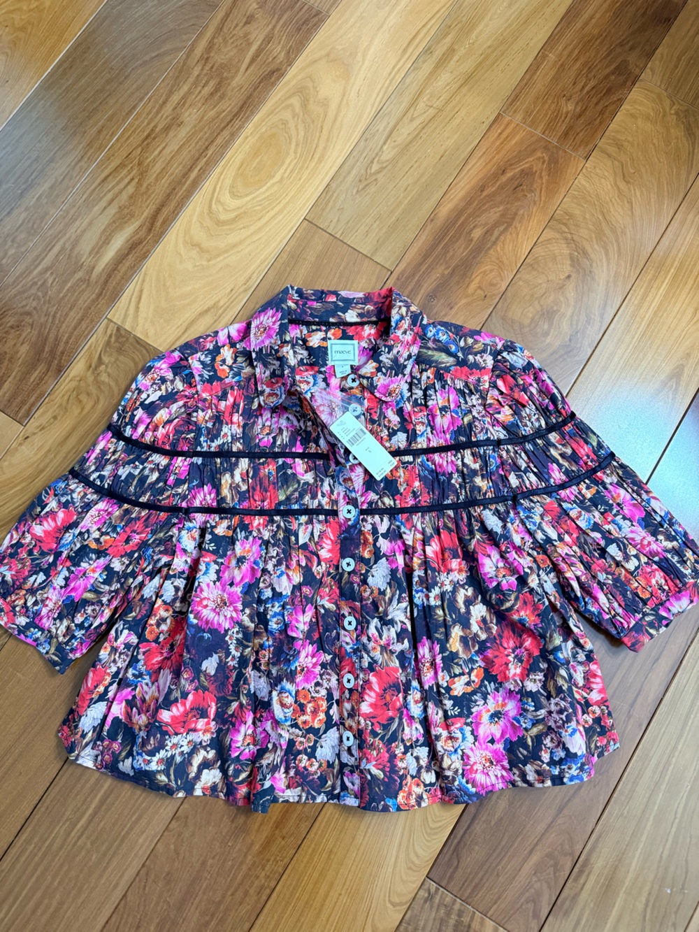 Maeve Navy Floral Peplum Button Jacket with Pink & Red Flowers
